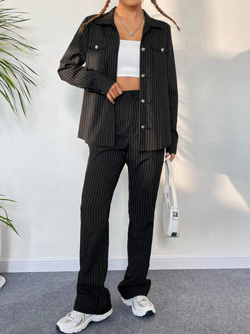 Striped Print Flap Detail Shirt & Pants