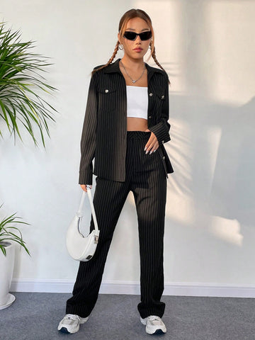 Striped Print Flap Detail Shirt & Pants