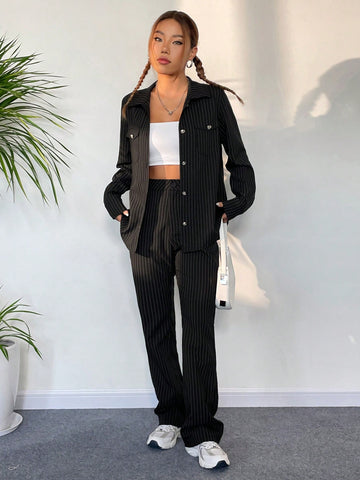 Striped Print Flap Detail Shirt & Pants