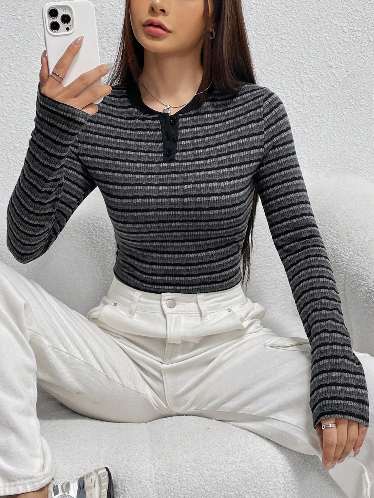 Striped Print Half Button Crop Tee