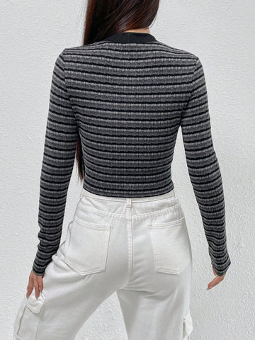 Striped Print Half Button Crop Tee