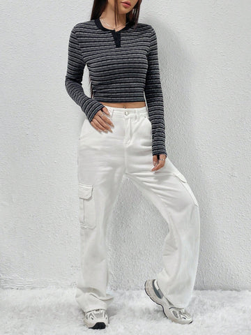 Striped Print Half Button Crop Tee