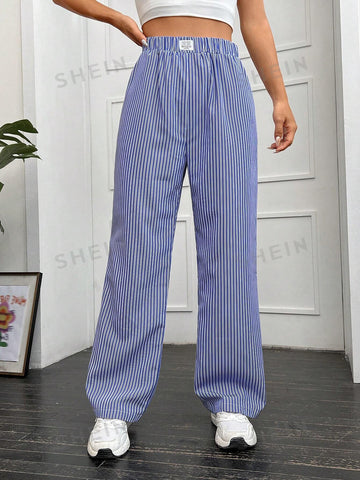 EZwear Striped Print Letter Patched Detail Pants