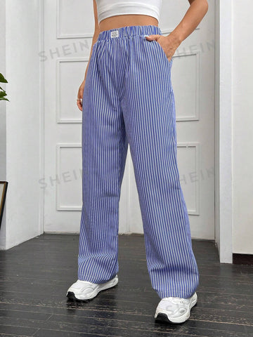 EZwear Striped Print Letter Patched Detail Pants