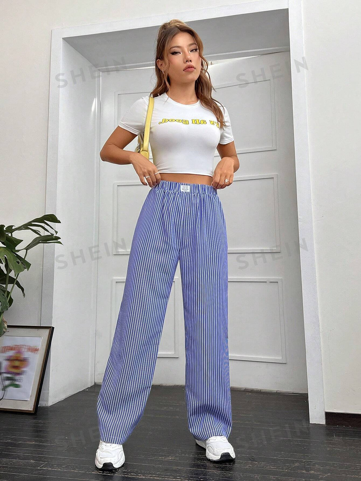 EZwear Striped Print Letter Patched Detail Pants