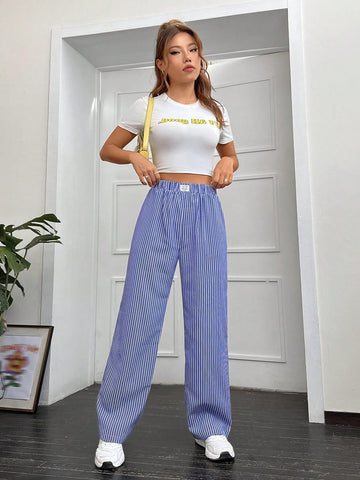 EZwear Striped Print Letter Patched Detail Pants
