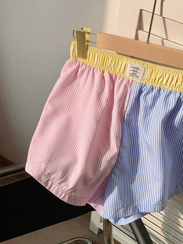 EZwear Striped Print Letter Patched Detail Shorts