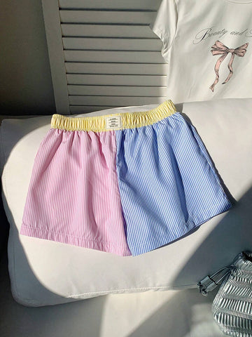 EZwear Striped Print Letter Patched Detail Shorts