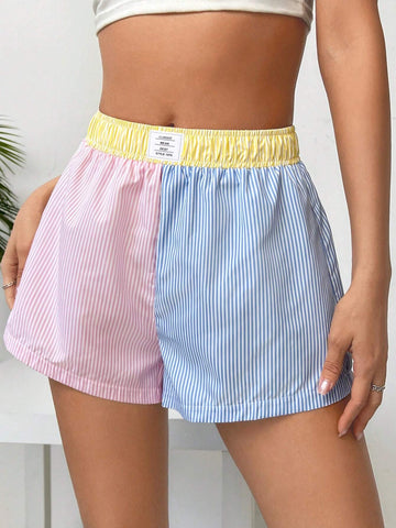 EZwear Striped Print Letter Patched Detail Shorts