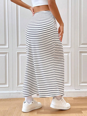 EZwear Striped Print Split Hem Skirt
