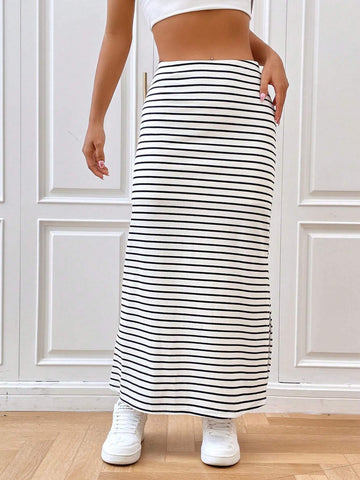 EZwear Striped Print Split Hem Skirt