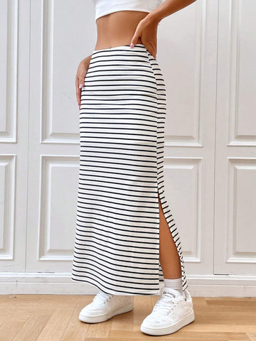EZwear Striped Print Split Hem Skirt