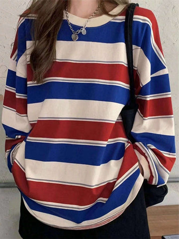 EZwear Striped Round Neck Oversized Long Sleeve T-Shirt