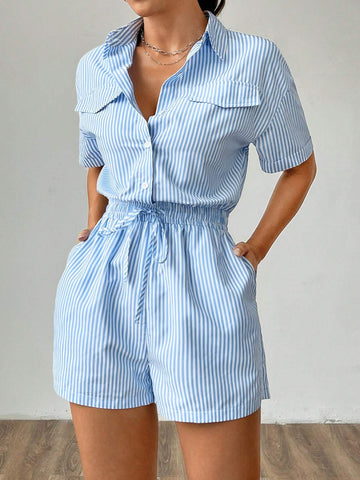Striped Short Sleeve Jumpsuit With Cinched Waist, Summer