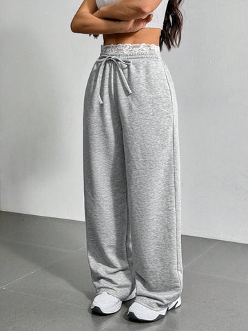 EZwear Summer Basic Deep Gray Drawstring Shorts With Lace Waist Detail