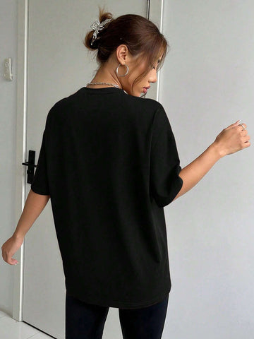 Summer Black Letter Embossed Drop Shoulder Tee Graphic Shirt