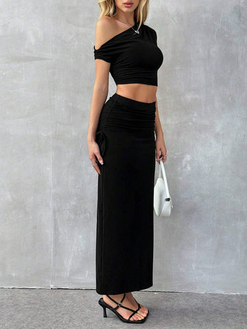 Summer Black Off-Shoulder Slim Fit Cropped Top With Elastic Waist Long Skirt Set