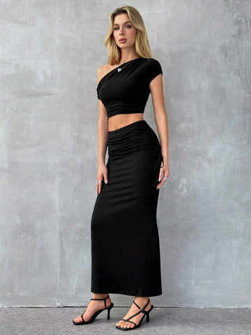 Summer Black Off-Shoulder Slim Fit Cropped Top With Elastic Waist Long Skirt Set