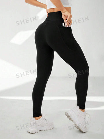 EZwear Summer Black Y2k Solid Wide Waistband Phone Pocket Side Leggings