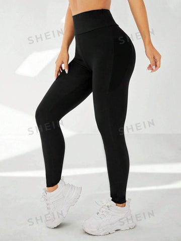 EZwear Summer Black Y2k Solid Wide Waistband Phone Pocket Side Leggings