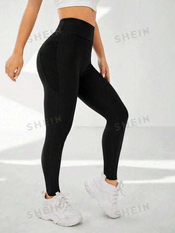 EZwear Summer Black Y2k Solid Wide Waistband Phone Pocket Side Leggings