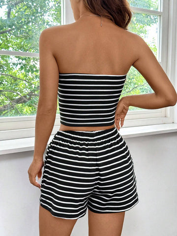 Summer Black & White Print Color Cropped Tube Top And Shorts Casual Two-Piece Set
