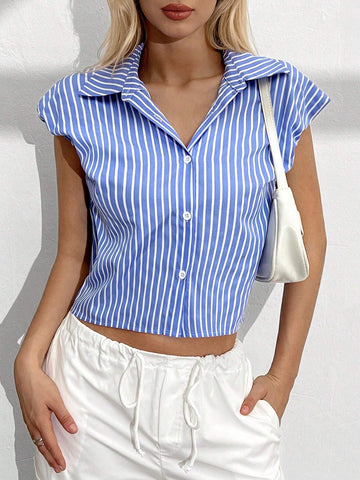 EZwear Summer Casual Blue & White Striped Cropped Shirt