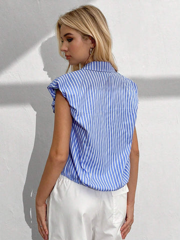 EZwear Summer Casual Blue & White Striped Cropped Shirt