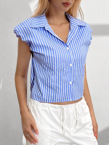 EZwear Summer Casual Blue & White Striped Cropped Shirt