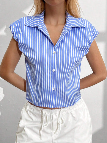 EZwear Summer Casual Blue & White Striped Cropped Shirt