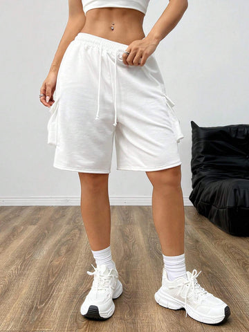 EZwear Summer Casual Drawstring Waist Shorts With Flap Pockets
