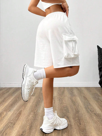 EZwear Summer Casual Drawstring Waist Shorts With Flap Pockets