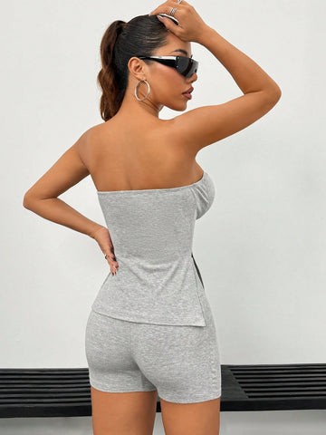 Summer Casual Grey Pit Striped Side Split Tube Top & Leggings Set