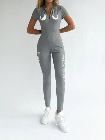 Summer Casual Moon Letter Print Short Sleeve Zipper Jumpsuit With Skinny Pants