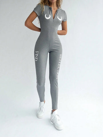 Summer Casual Moon Letter Print Short Sleeve Zipper Jumpsuit With Skinny Pants