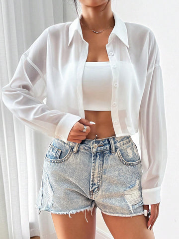 EZwear Summer Casual Solid Color See-Through Chiffon Cropped Shirt