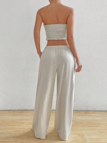 Summer Casual Solid Color Shirred Crop Top And Long Pants Outfit Set
