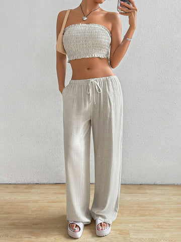 Summer Casual Solid Color Shirred Crop Top And Long Pants Outfit Set