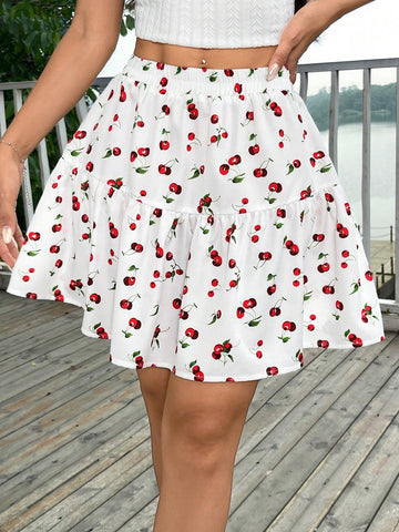 EZwear Summer Cherry Print Flare Hem Skirt