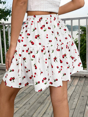 EZwear Summer Cherry Print Flare Hem Skirt