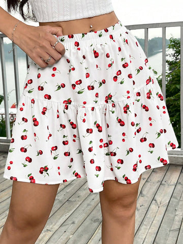EZwear Summer Cherry Print Flare Hem Skirt