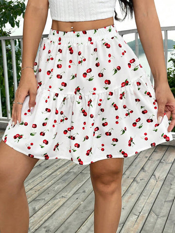EZwear Summer Cherry Print Flare Hem Skirt
