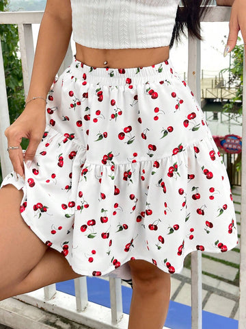 EZwear Summer Cherry Print Flare Hem Skirt