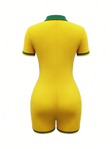 Summer Color Block Lapel Collar Edging Front Button Sexy Skinny Short Sleeve Jumpsuit