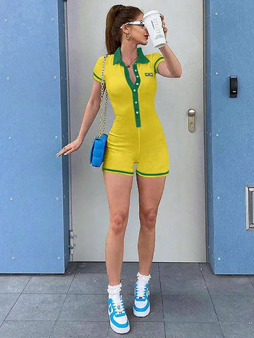 Summer Color Block Lapel Collar Edging Front Button Sexy Skinny Short Sleeve Jumpsuit