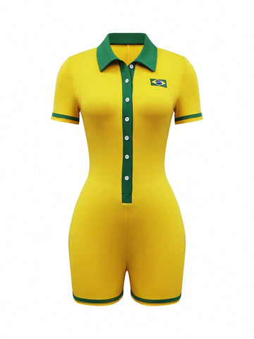 Summer Color Block Lapel Collar Edging Front Button Sexy Skinny Short Sleeve Jumpsuit