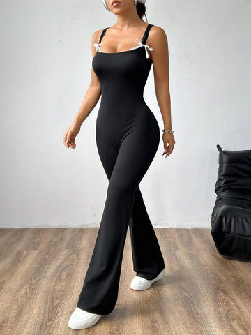 Summer Fashion U-Neck Sleeveless Jumpsuit With Bowknot And Flared Pants
