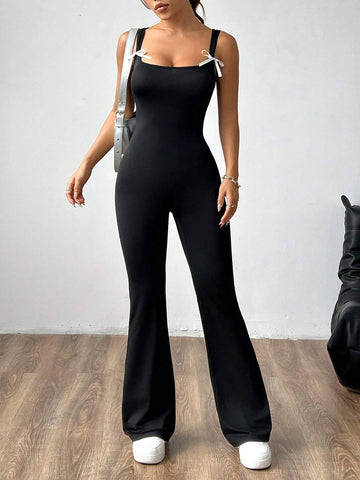 Summer Fashion U-Neck Sleeveless Jumpsuit With Bowknot And Flared Pants
