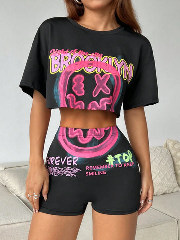 Summer Fashionable Matching & Letter Printed Cropped T-Shirt And Leggings, 2pcs/Set