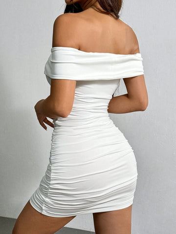 Summer Going Out White Off Shoulder Ruched Midi Dress